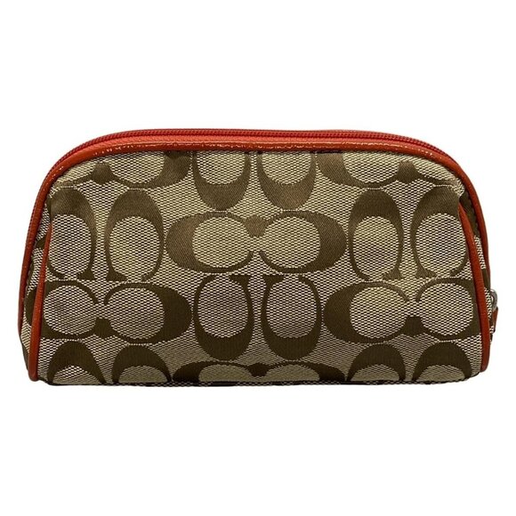 Auth COACH Signature - Red Beige Brown Jacquard Leather Pouch - Picture 3 of 7